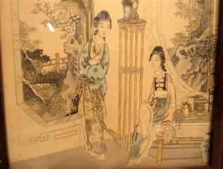 Set of 2 Grisaille Style Asian Ink Drawings Framed In Matching Latice Cutout Woo